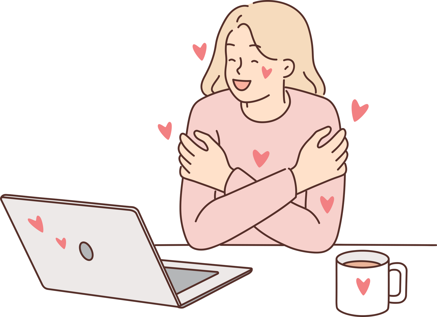 Woman exchanging romantic messages in laptops hugs herself rejoicing at received compliments